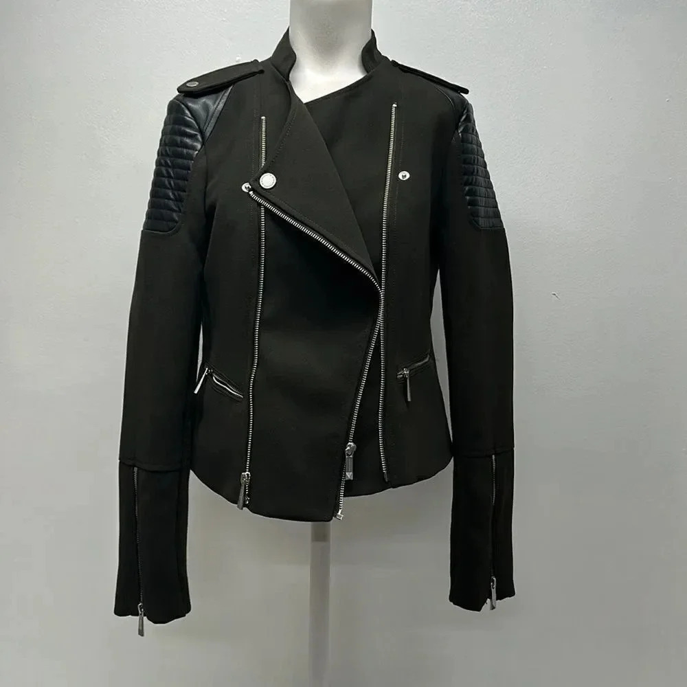 BCBGeneration Moto Jacket Coat Biker Faux Leather Zip Up Green Black Size Small
